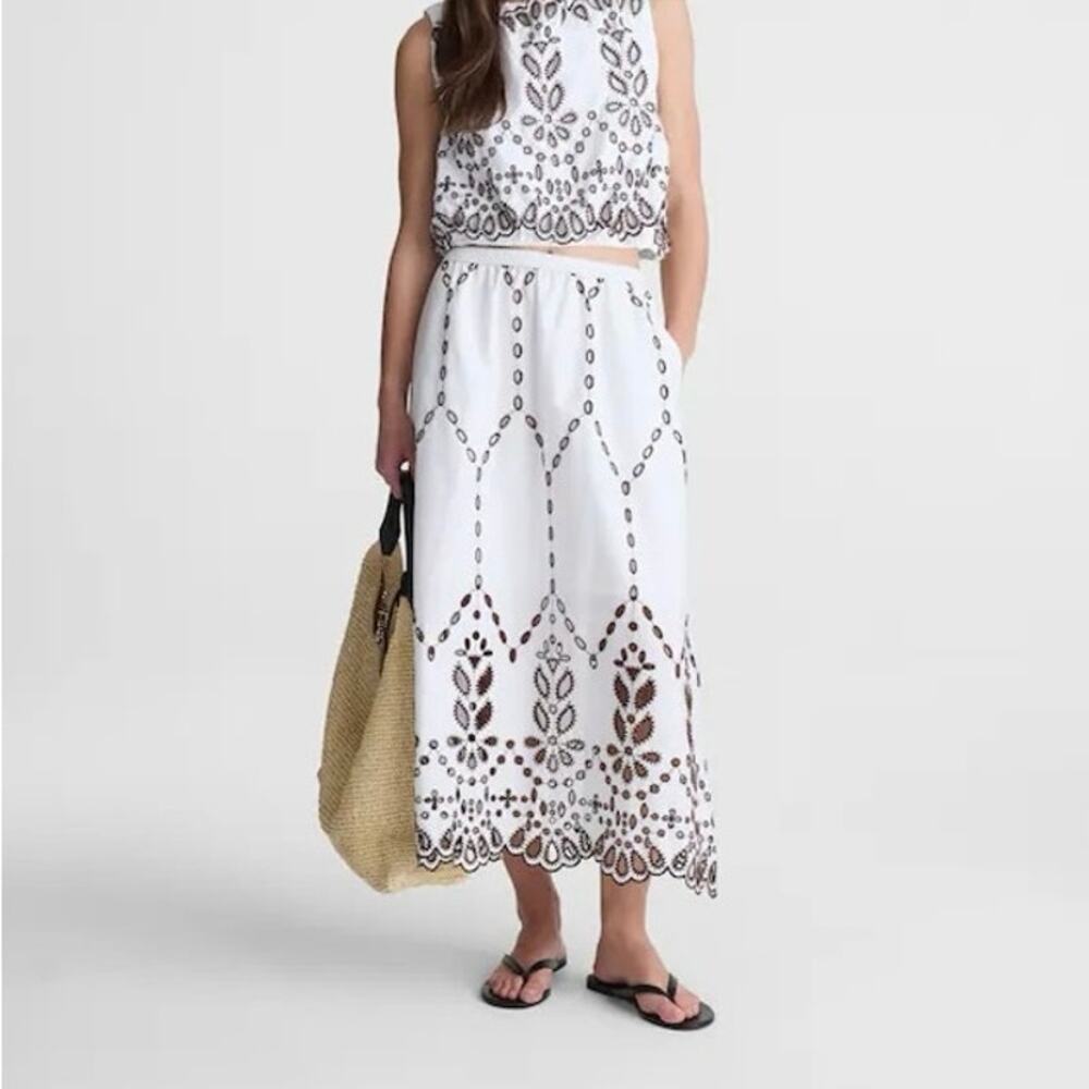 NWT Madewell Embroidered 100% Cotton Poplin Midi Skirt White Brown Size Large - Picture 1 of 11